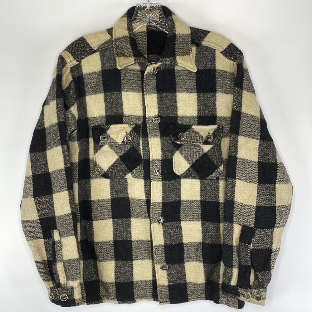 Vintage Jim Penney Sportwear Wool Button Up Shirt Jacket Black White Rare